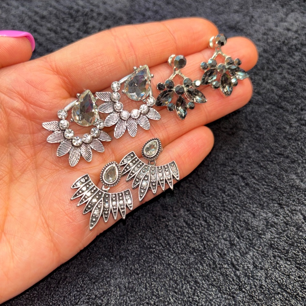 Silver-Tone Mixed Crystal Statement Post Back Earrings Trio